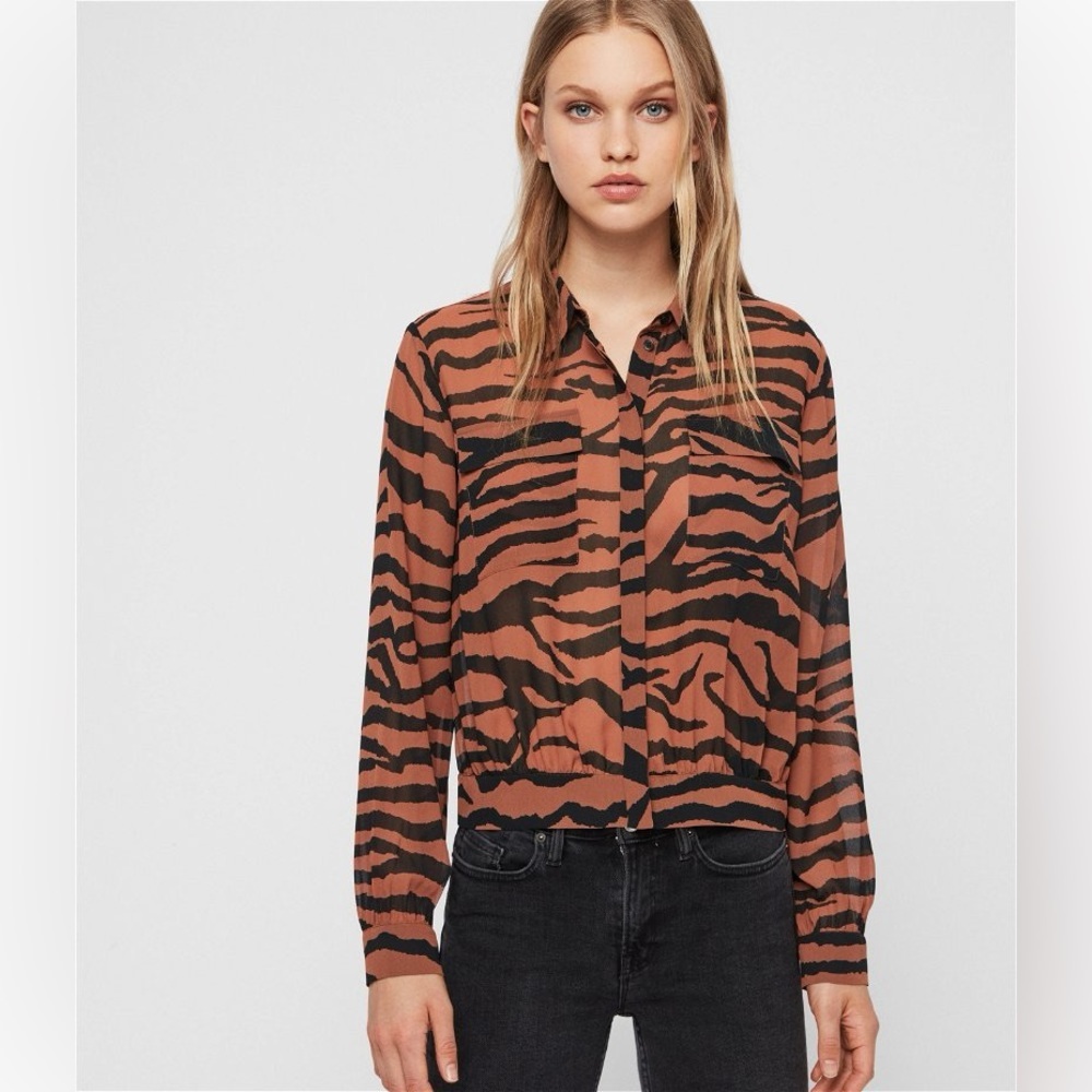 ALLSAINTS| Crop Tiger Semi-Sheer Blouse| Medium